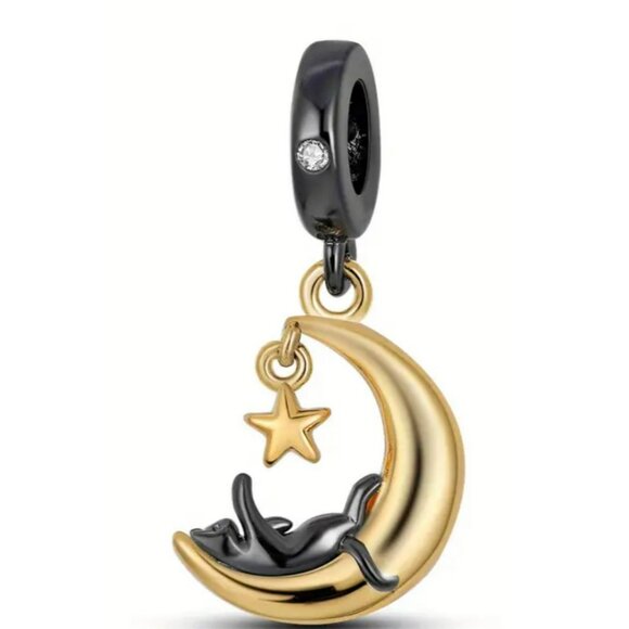 NWT Cat On The Moon Charm Black, Gold For Bracelet - Picture 5 of 5